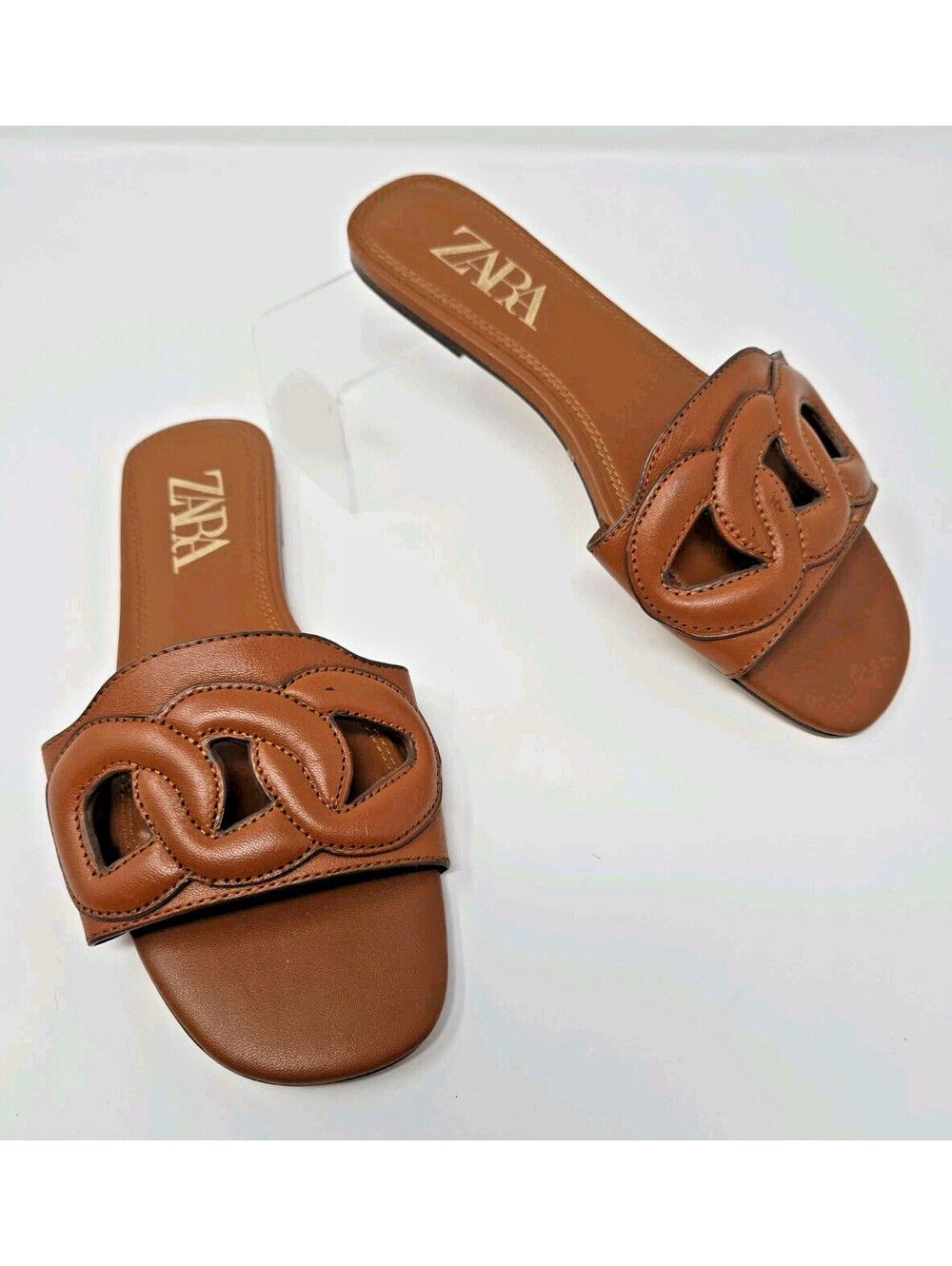 Zara Leather Flat Slides Brown Size 6 / 36 Easy Summer Sandals